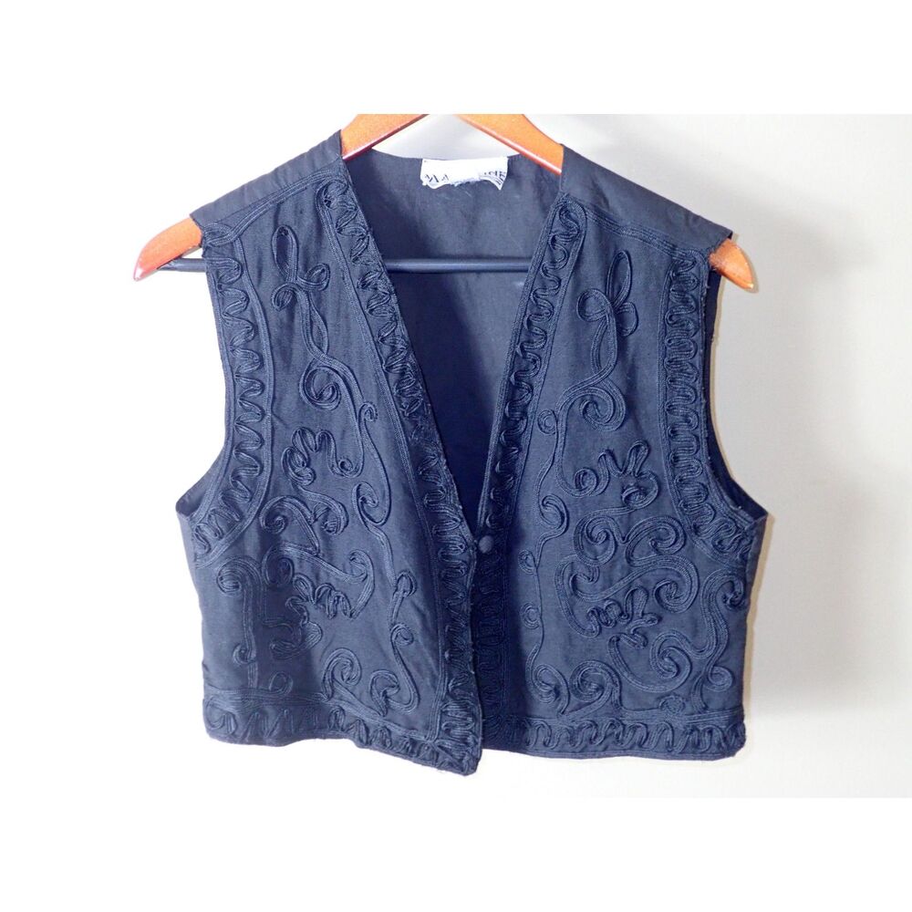 Magazine Vintage 90s Black Embroidered Crop Vest Boho Whimsigoth Soutache Medium